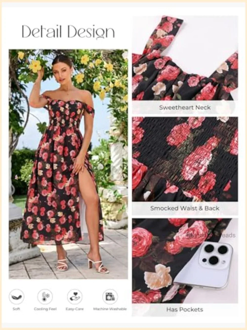 Off Shoulder Flowy A-Line Maxi Dress with Pockets - Picture 3 of 7